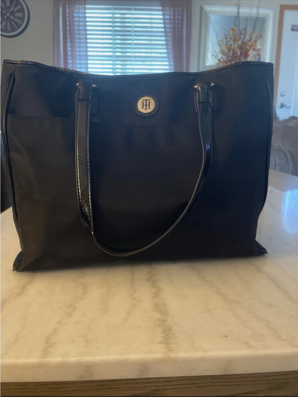 Tommy Hilfiger Black Nylon Tote with Logo Emblem